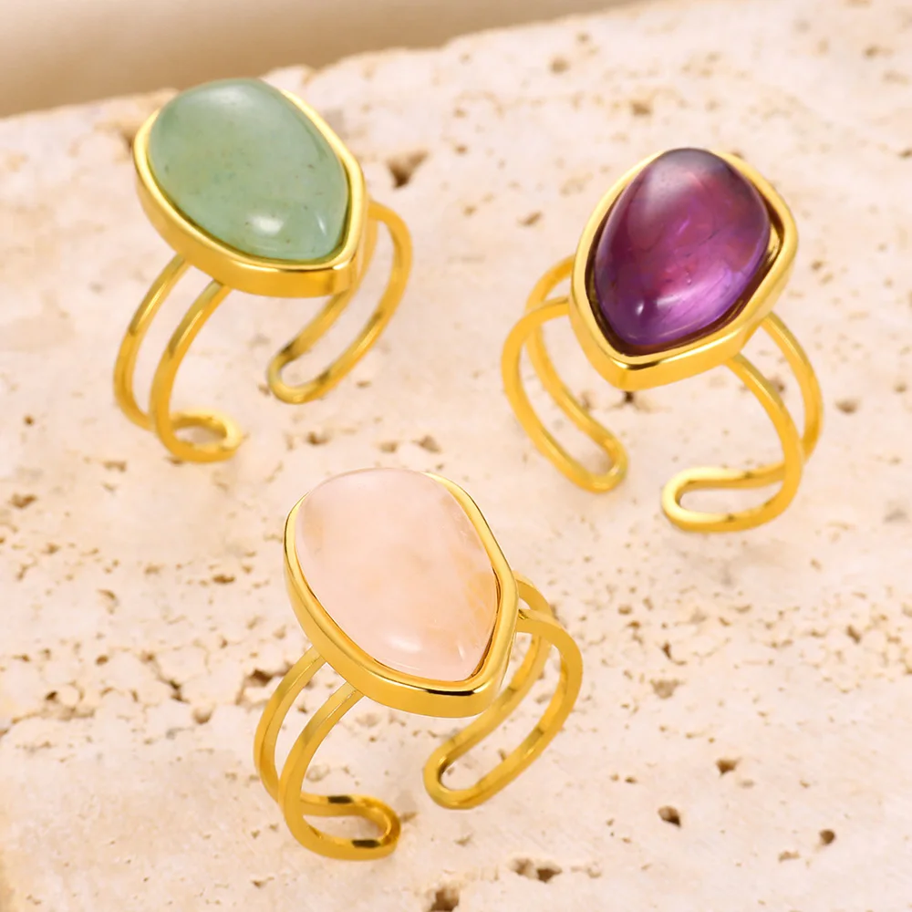 Opening Rings For Women Fashion Natural Stone Gold Color Stainless Steel Ring Vintage Adjustable Finger Jewelry Anniversary Gift
