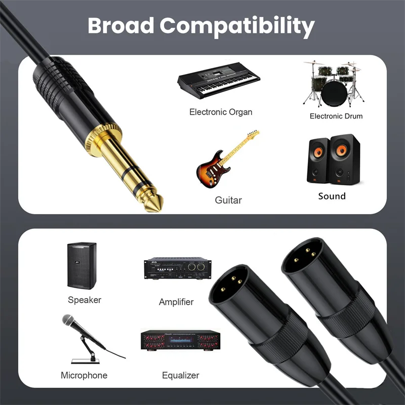 6.35mm (1/4inch) TRS Male Plug to 2 Dual XLR Male Microphone Stereo Unbalanced Audio Converter Adapter Y Splitte Cable Cord