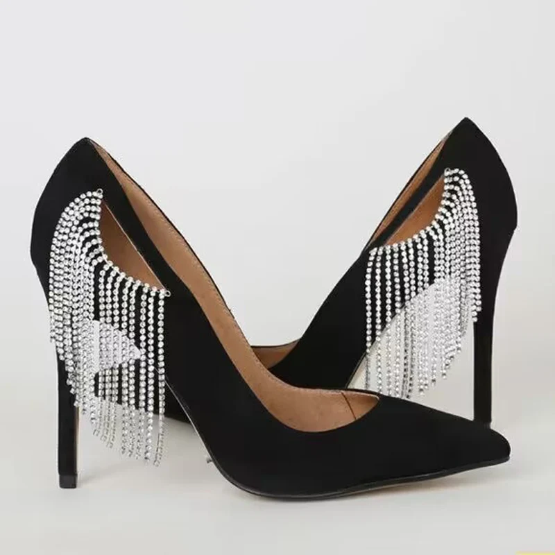 

Sexy Side Cutout Glitter Rhinestone Chains Tassel Pumps Pointed Toe 12/10 cm High Heel Crystal Fringe Banquet Shoes Tacones