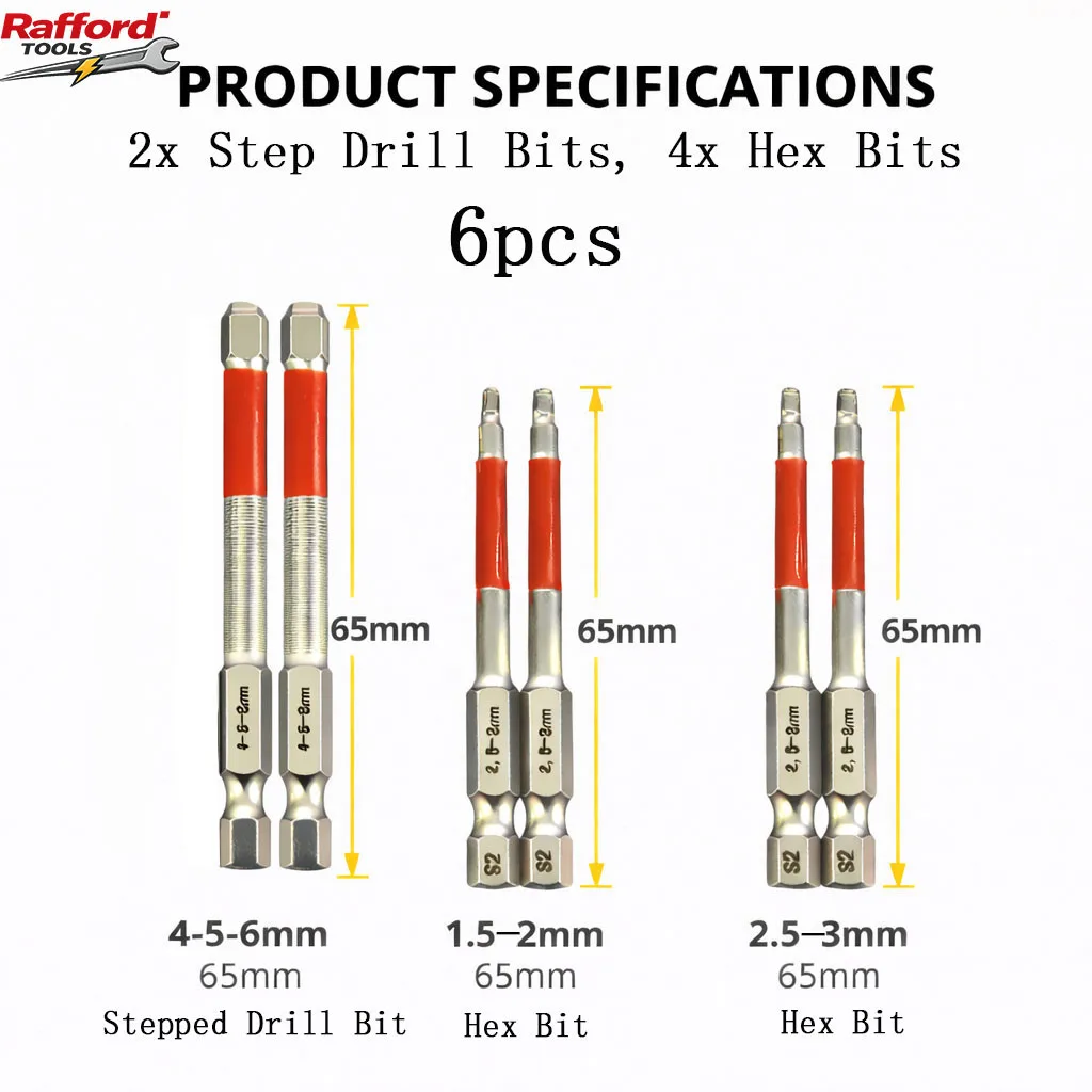 

Rafford 6PCS Magnetic Step Drill Bit & Hex Bit Set, 65mm S2 Steel Screwdriver Bits, 4-5-6mm / 1.5-2mm / 2.5-3mm