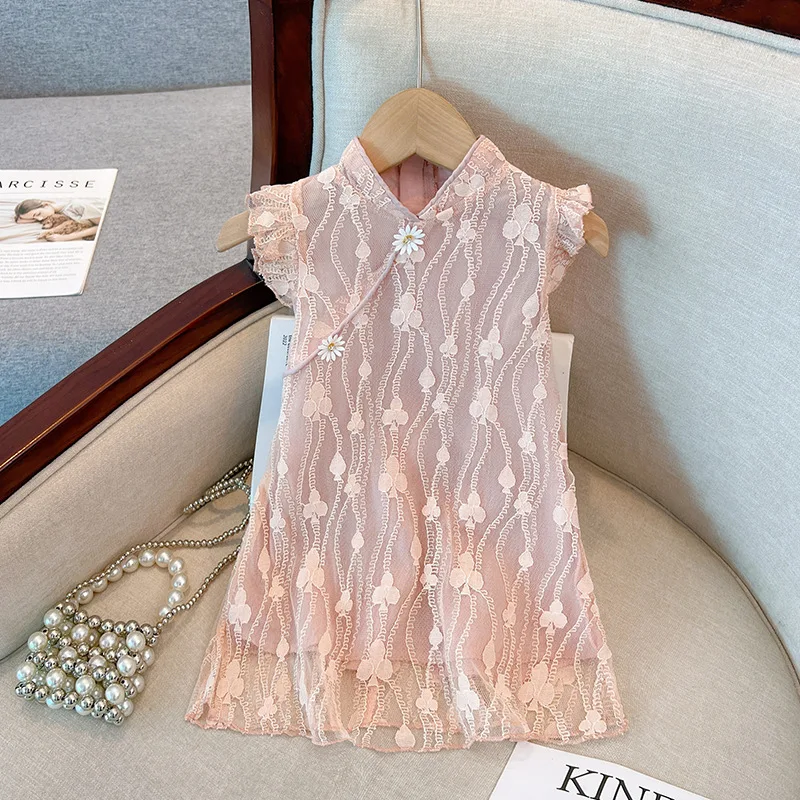 Girls' Han Chinese Costume Summer Cheongsam Dress New Summer Chinese Style Fairy Skirt Little Girl Lace Princess Dress
