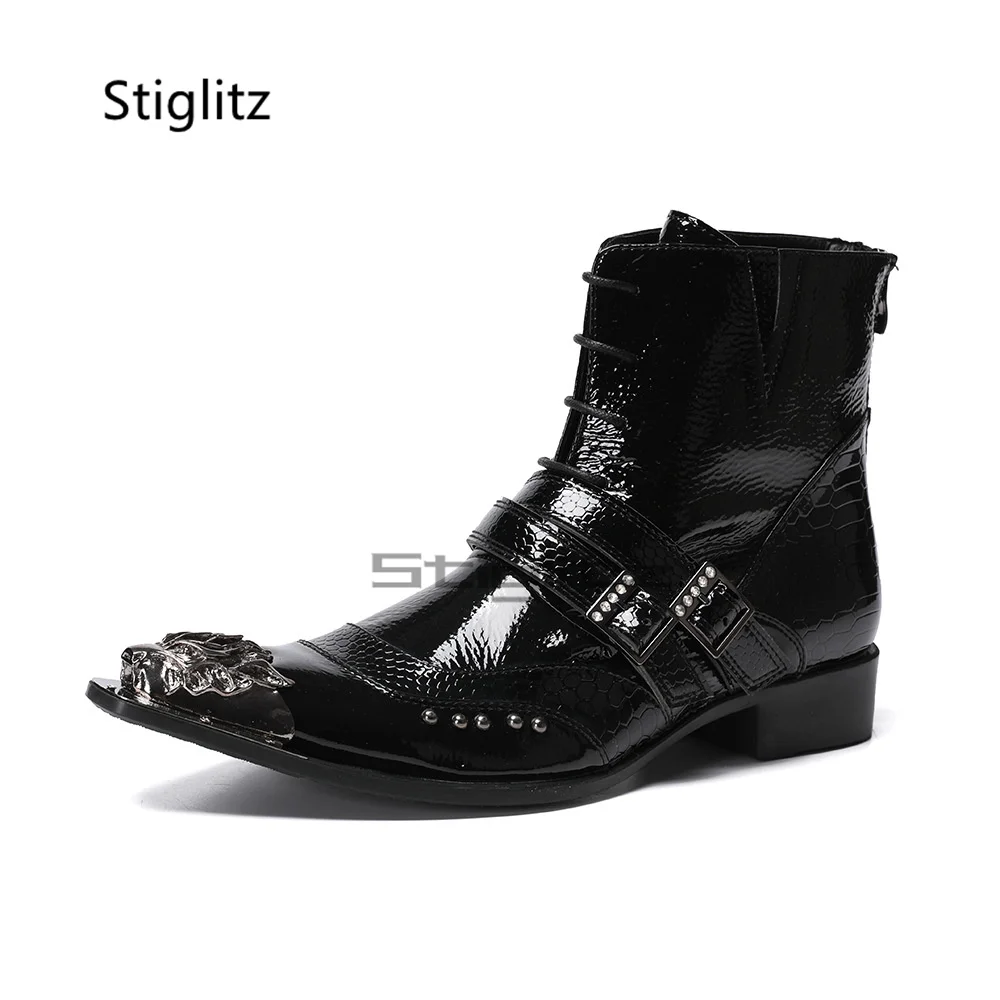 Men's Black Patent Crocodile Print Ankle Boots Metal Pointed Toe Double Buckle Lace Up Side Zipper Low Heel Punk Western Boots