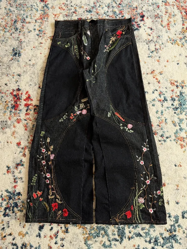 

Женские джинсы Y2K Street Style с вышивкой, свободные, широкие, длинные, черные, модные, хлопковые, с низкой талией, на шнурке, с цветочным принтом
