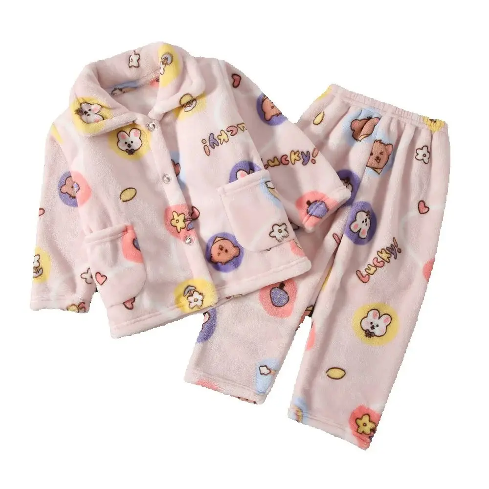 2024 New Winter Flannel Children's Pajamas Sets Cartoon Long Sleeve Turn-down Colloar Warm Thicken Homewear Pjs Set 0-12Y