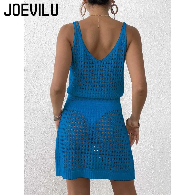 JOEVILU Camicetta da donna sexy in maglia senza maniche Abito europeo e americano con scollo all'americana Vita snellente Gonna con scollo all'americana Abiti da spiaggia ritagliati