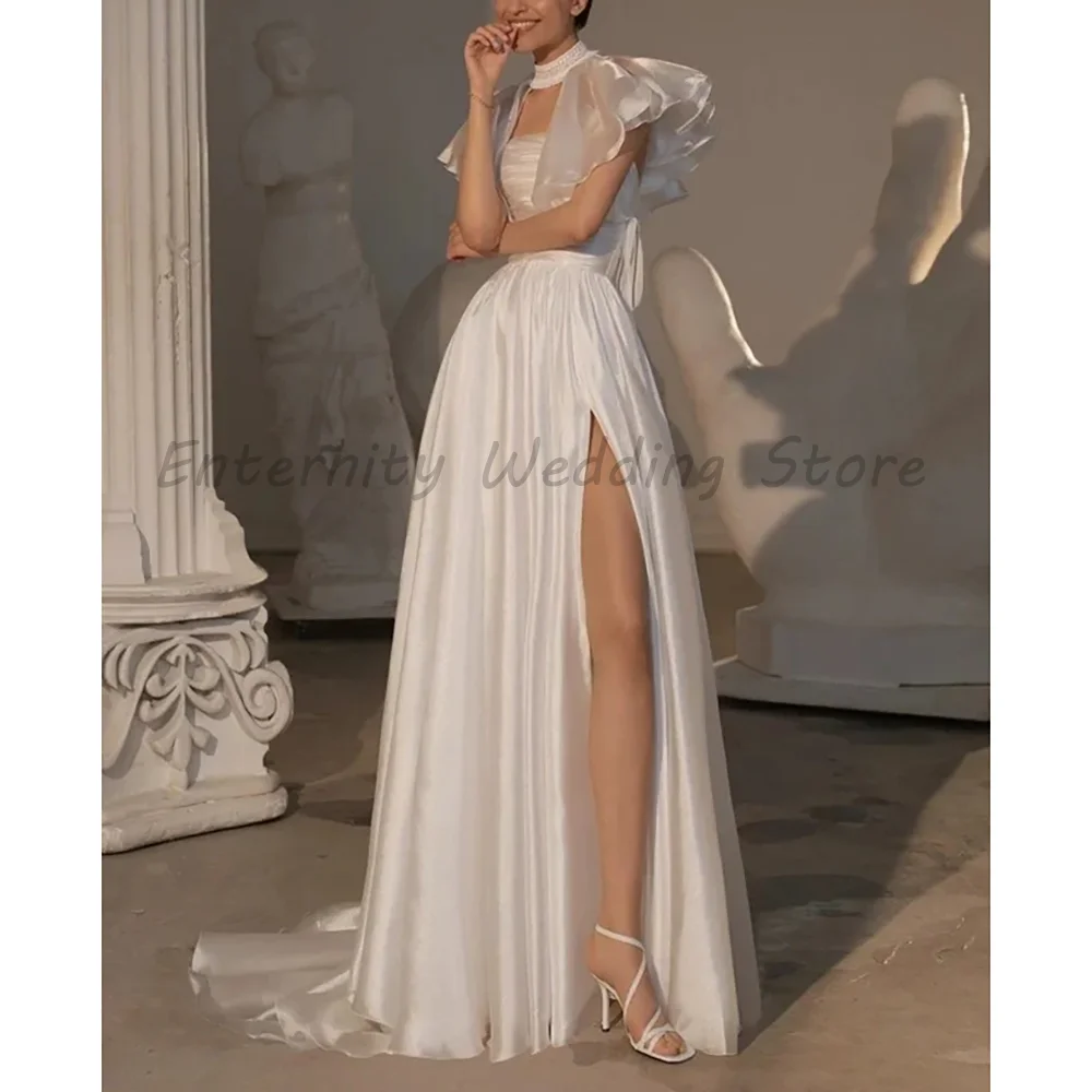 White Satin Wedding Dress High Neck Ruffle Cape Sleeve Lace Up Back High Slit Flowy Train Civil Bridal Gown