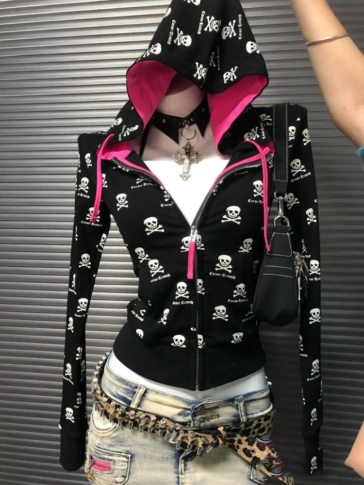 

Y2k Gothic grunge Cardigan long sleeve Punk Streetwear Skull Print Hooded Sweatshirt Women Autumn Chic 2000s Black Slim Coat New