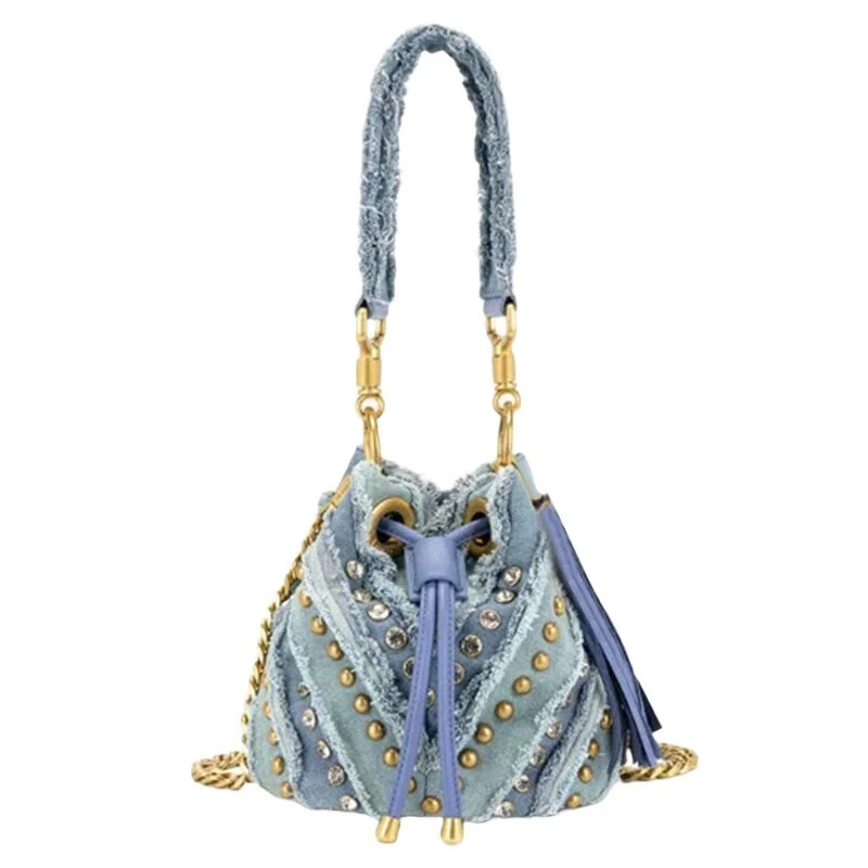 

Brand Design Rivet Shoulder Bag Fashion Blue Chain Messenger Bag Distress Ladies Bucket Bag Drawstring Denim Handbag Female Bag