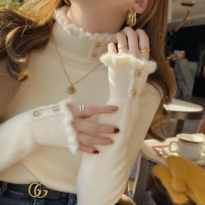 Women Fleece Lined Half Turtleneck Knit Top Fluffy Trim Button Decor Long Sleeve Warm Base Shirt