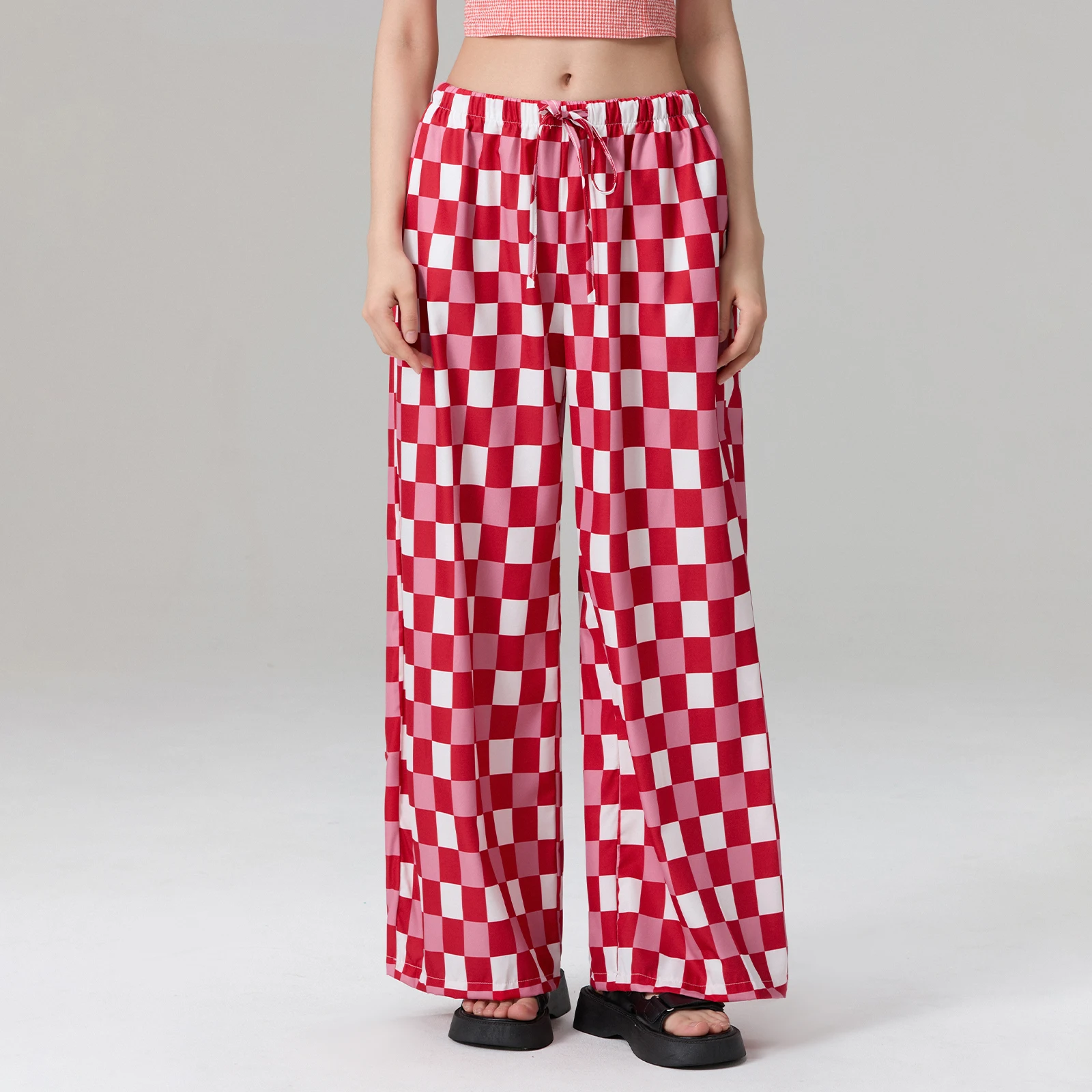 

Casual Checkerboard Print Loose Trousers Women Elastic Waist Wide Leg Pants for Work Office Streetwear