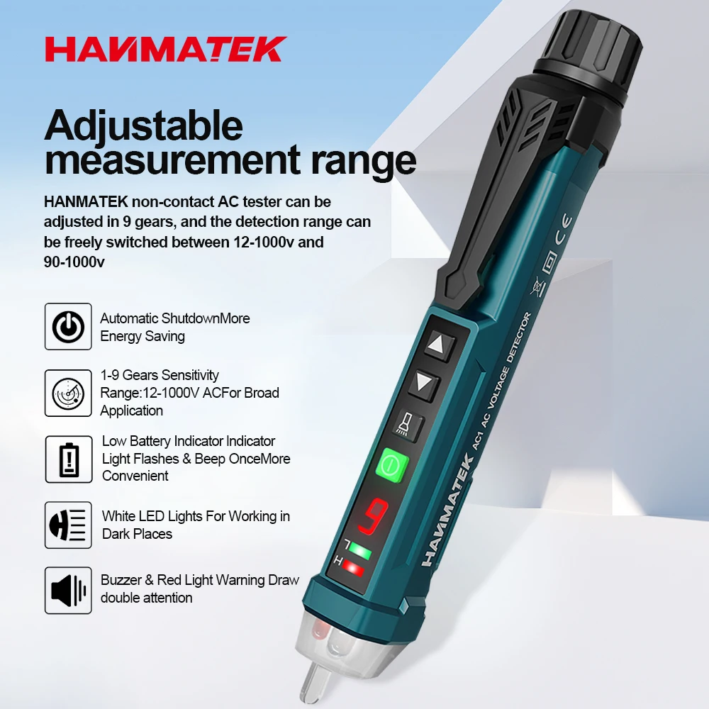 Hanmatek Non-Contact Voltage Tester Adjustable Sensitivity Voltage Detection Pen Buzzer Alarm 12V-1000V Live/Zero Line Judgment