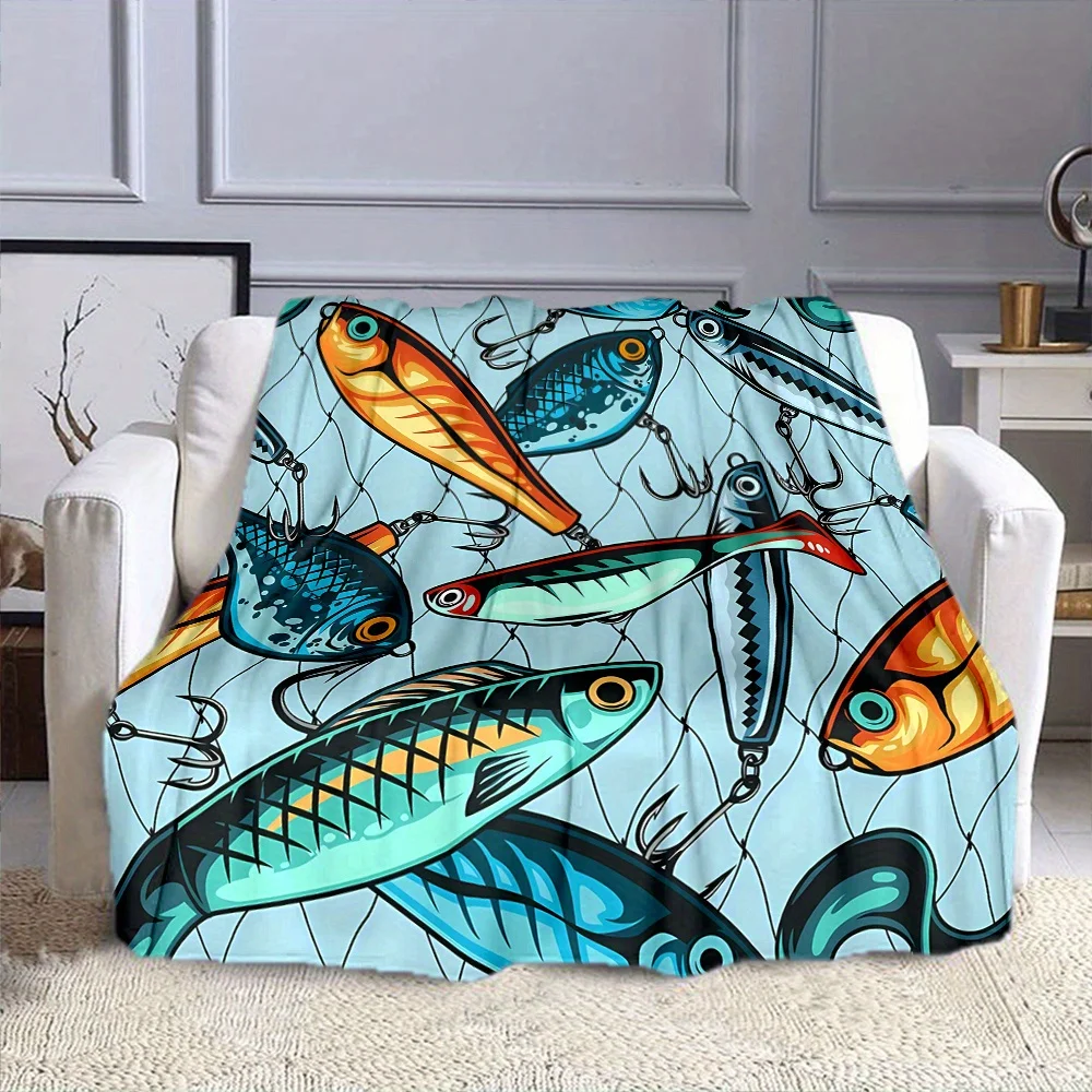 Contemporary Cartoon Fish Lure Print Flannel Blanket Reversible,Throw with Digital Printing Soft - Ideal for Outdoor Fishing