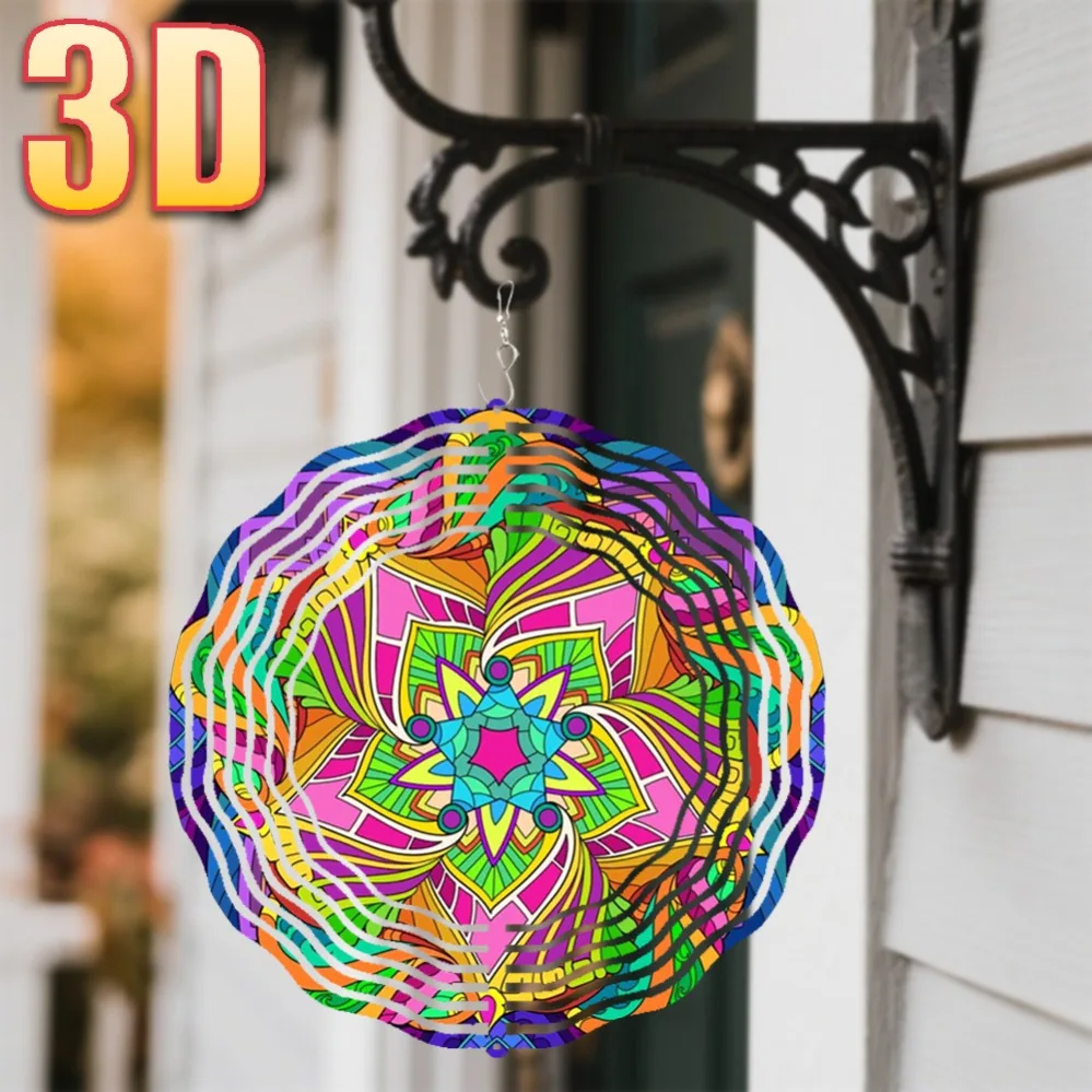 3D Colorful Mandala Wind Spinner 10in 360° Rotating Hook Garden Decor