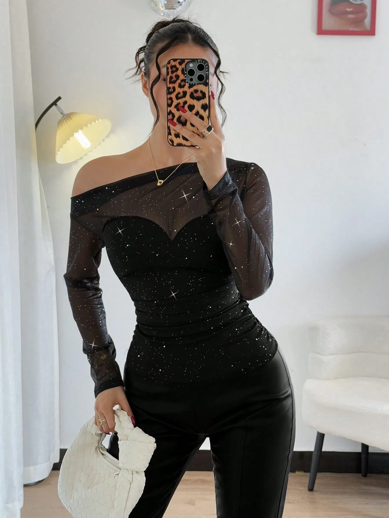 Nice Mesh Splicing Perspective Top Asymmetric Top Gold Stamping Black Top