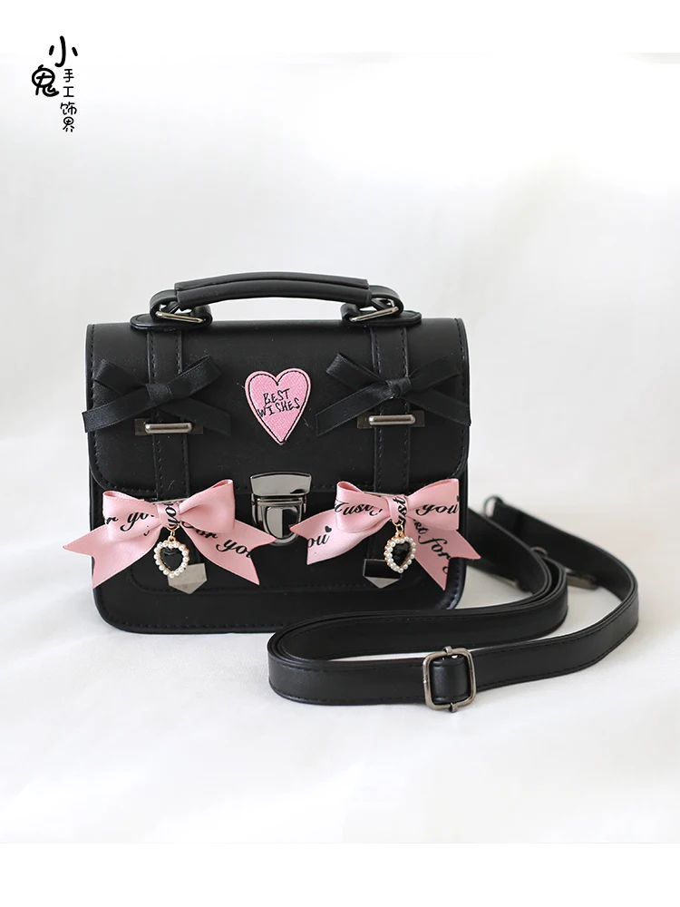 Sweet Cool Black Pink Japanese Jk Uniform Bag Lolita Bow Cambridge Bag Academy Style Cross Shoulder Postman Bag