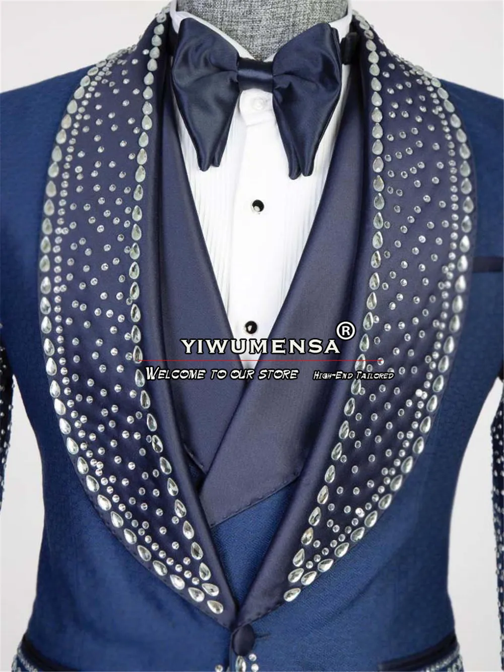 Navy Blue Wedding Suits For Men Slim Fit Handmade Jewelry Ornament Prom Blazer Tailored Made Groom Tuxedos Dinner Party Clothing