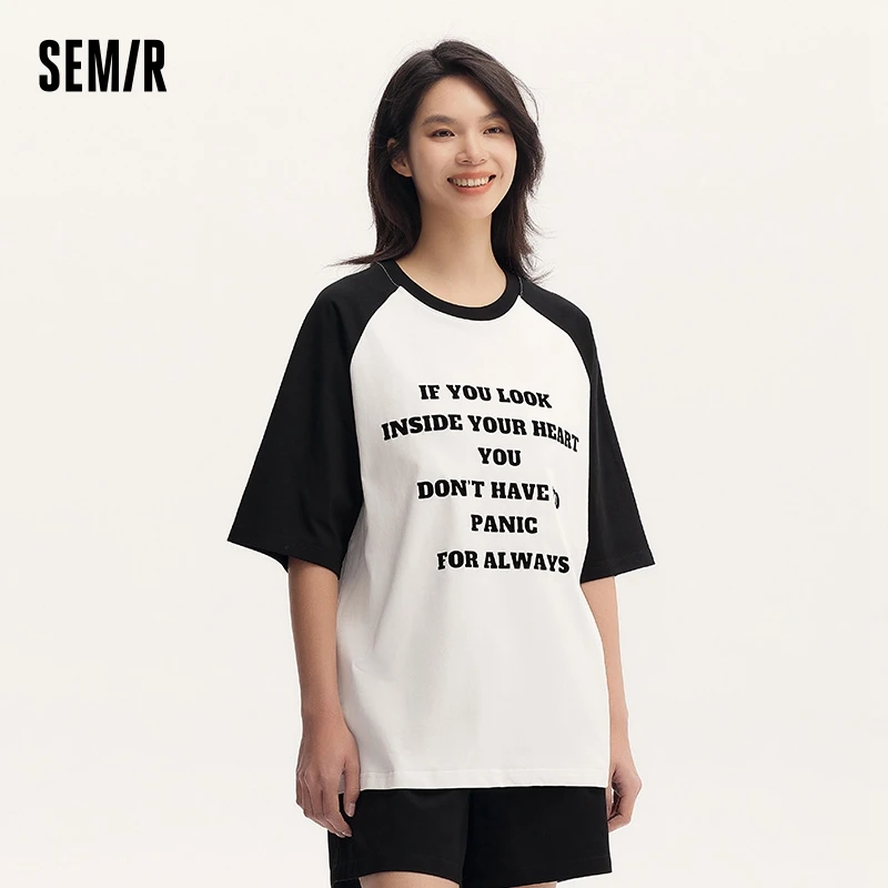 Semir Women T-Shirt Oversize Color-Blocking Sweet Cool Summer Top Letter Print Design Top Tee Female