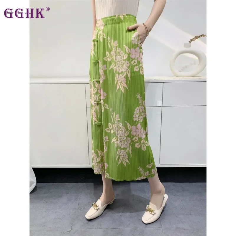 

GGHK Pleated Printed Half-body Skirt Women 2024 Summer New Split Plate Button Retro Casual Medium Long High Waist Slim