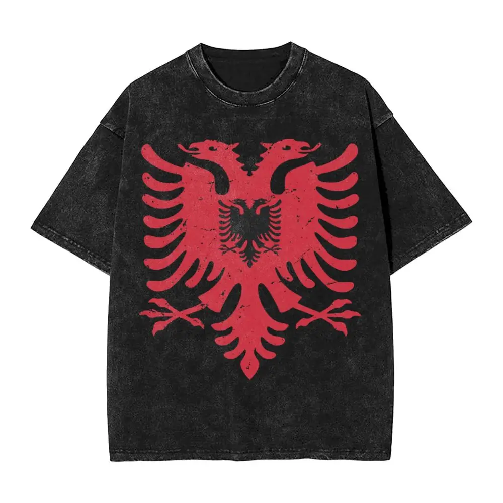 Albanische Flagge Albanien Gewaschen T Shirts Street Hip Hop Vintage T-Shirts T Shirt Männer Frauen 100% Baumwolle Harajuku Sommer – Detail 5