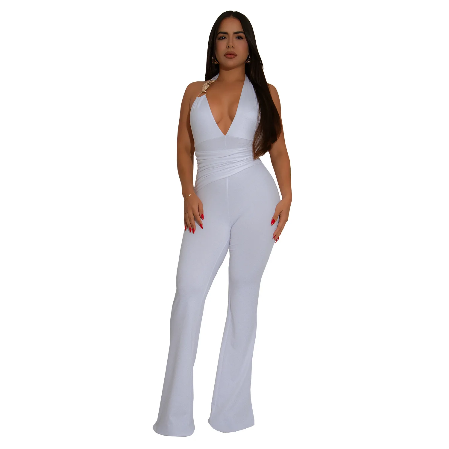 EINY y2k Women's Elegant Sleeveless Sexy Jumpsuit Draped One Piece Pants Deep V Lace Up Wide Leg Pants Pleated Office Lady Dress