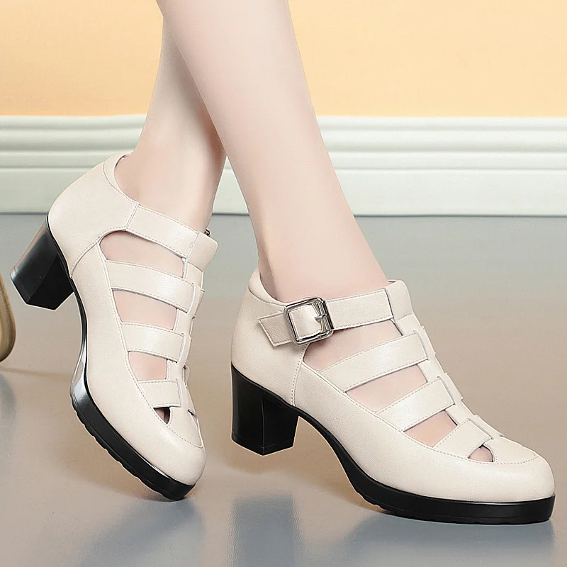 Breathable Cutout Close Head Platform Shoes Soft Leather 2024 Summer Block Med Heels Gladiator Sandals for Office Mom