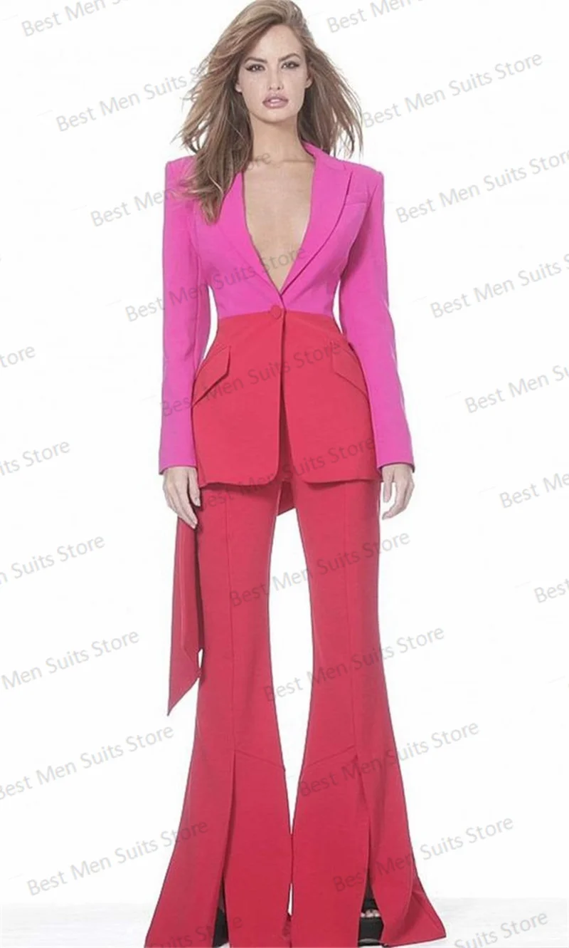 Red Women Suits Set Blazer Long Hem +Flare Pants 2 Pieces Splicing Colors Formal Business OL Lady Prom Coat Jacket Custom Made