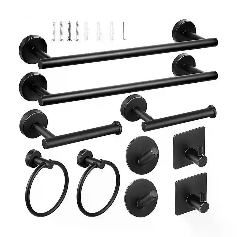 Matte Black 304 Stainless Steel Bathroom Hardware Set (10-Piece) - 2x15.7in Towel Bars, 4xTowel Hooks, 2x6.3in TP Holders, 2xTowel Rings for Modern Bathrooms, 304 Stainless Steel Towel Holders, 6.3