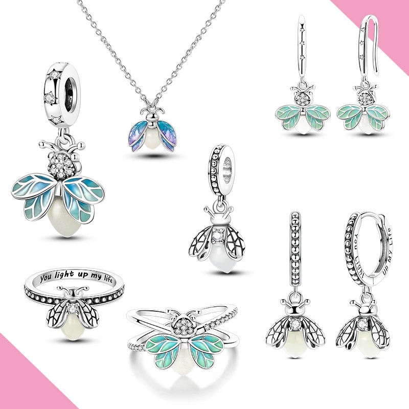 Original 925 Silver Luminous Firefly Charm Earring Ring Necklace Jewelry Set For Woman Fit Jewelry Diy