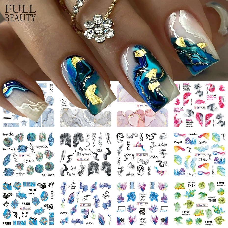 12pcs Marble Wave Nail Stickers Ink Watercolor Stone Water Transfer Sliders Tattoo Nail Art Decals Decorations Summer Manicure