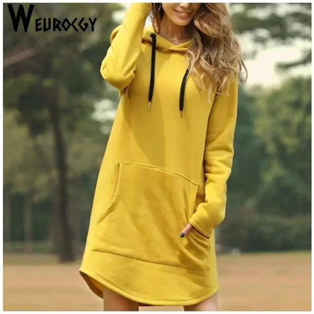 Spring Autumn Women Korean Pop Hoody Casual Long Tops Pullover Fashion Hoodies DressSolid Color Vintage Big Pocket Sweatshirt