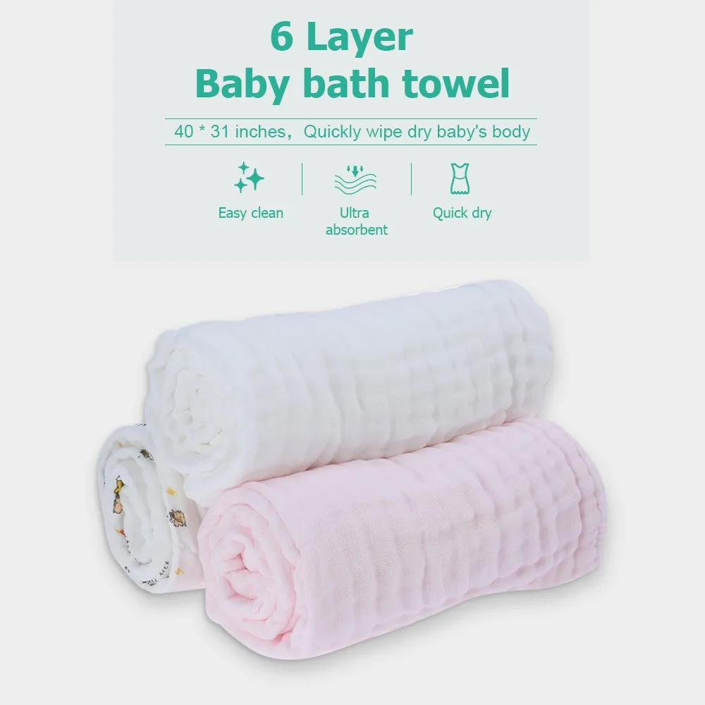 6 Layer 40 * 30 inches WhiteBaby Bath Towel Blanket Swaddle 100% Muslin Cotton Super Soft Water Absorbent For Baby's Delicate Sk