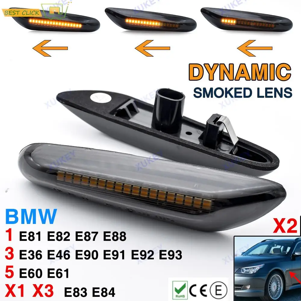 

2Pcs Dynamic Side Marker Flowing Lights For BMW E46 E90 E83 E X1 X3 Car Styling Led Side Indicator Turn Signal Light Smoked Lens