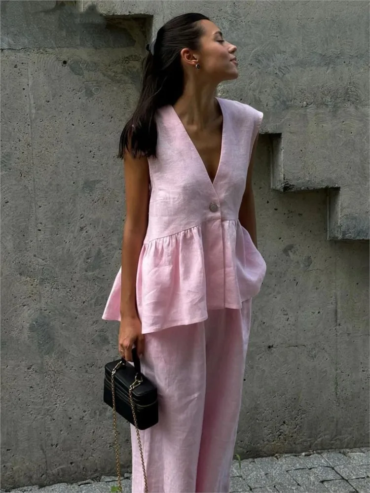 

Новый однотонный элегантный женский комплект для работы: топ без рукавов с V-образным вырезом и длинные брюки из хлопка