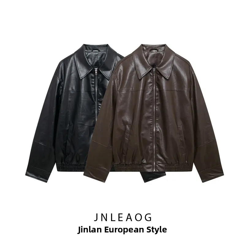JNLEAOG Autunno delle nuove donne Faion antivento in pelle pilota Jaet cappotto lungo Sve Street Sle fibra di poliestere
