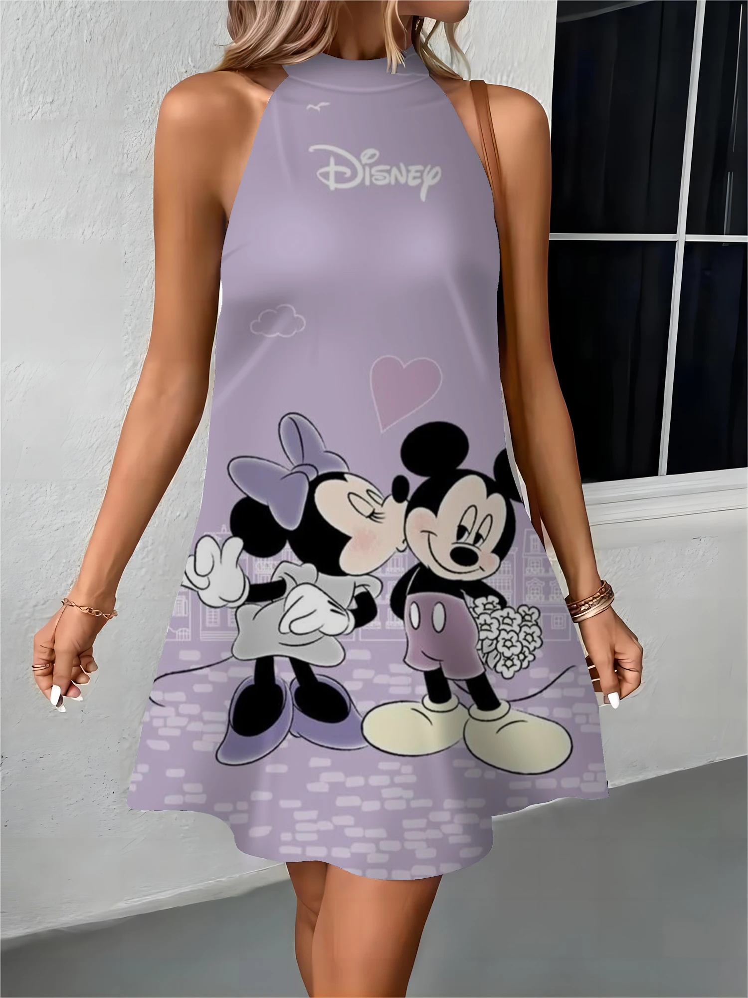 Disney-Vestido feminino de nó borboleta Minnie Mouse, vestidos elegantes, ombro, Mickey, vestido feminino, moda, festa de verão, 2022