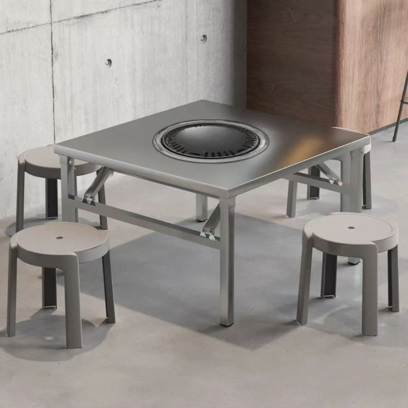 Stainless steel grilling and shabu integrated hot pot table, Korean barbecue stove, restaurant foldable square table