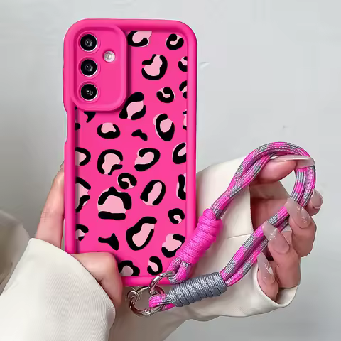 Phone Case For Samsung S25 S24 S23 S22 S21 Plus Ultra S20 FE A31 21s 12 06 50 11 05S Pink Leopard Wrist Chain Lanyard Cover
