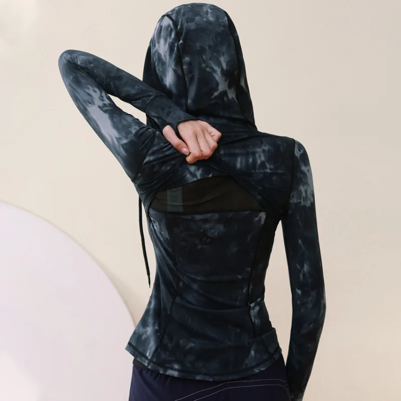 Tie-dye Hooded Sports Running Long Sleeve Jacket Women Gym Yoga Fitness Slim Quick Dry Mesh Splicing Zipper Elastic Coat