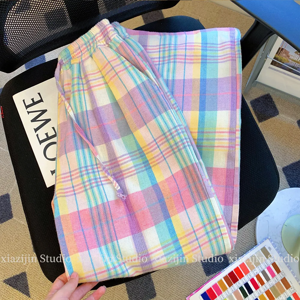 Color plaid wide-leg pants women's summer high waist retro Joker design loose p… - Image 3