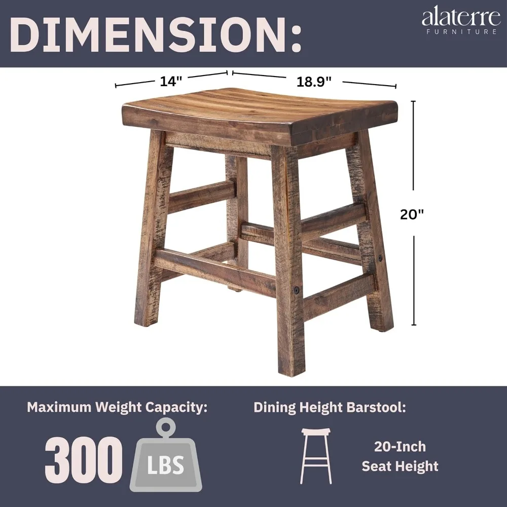 20-Inch Rustic Industrial Wood Dining Stool - Solid Acacia Wood, 300 lb Capacity, Farmhouse Style