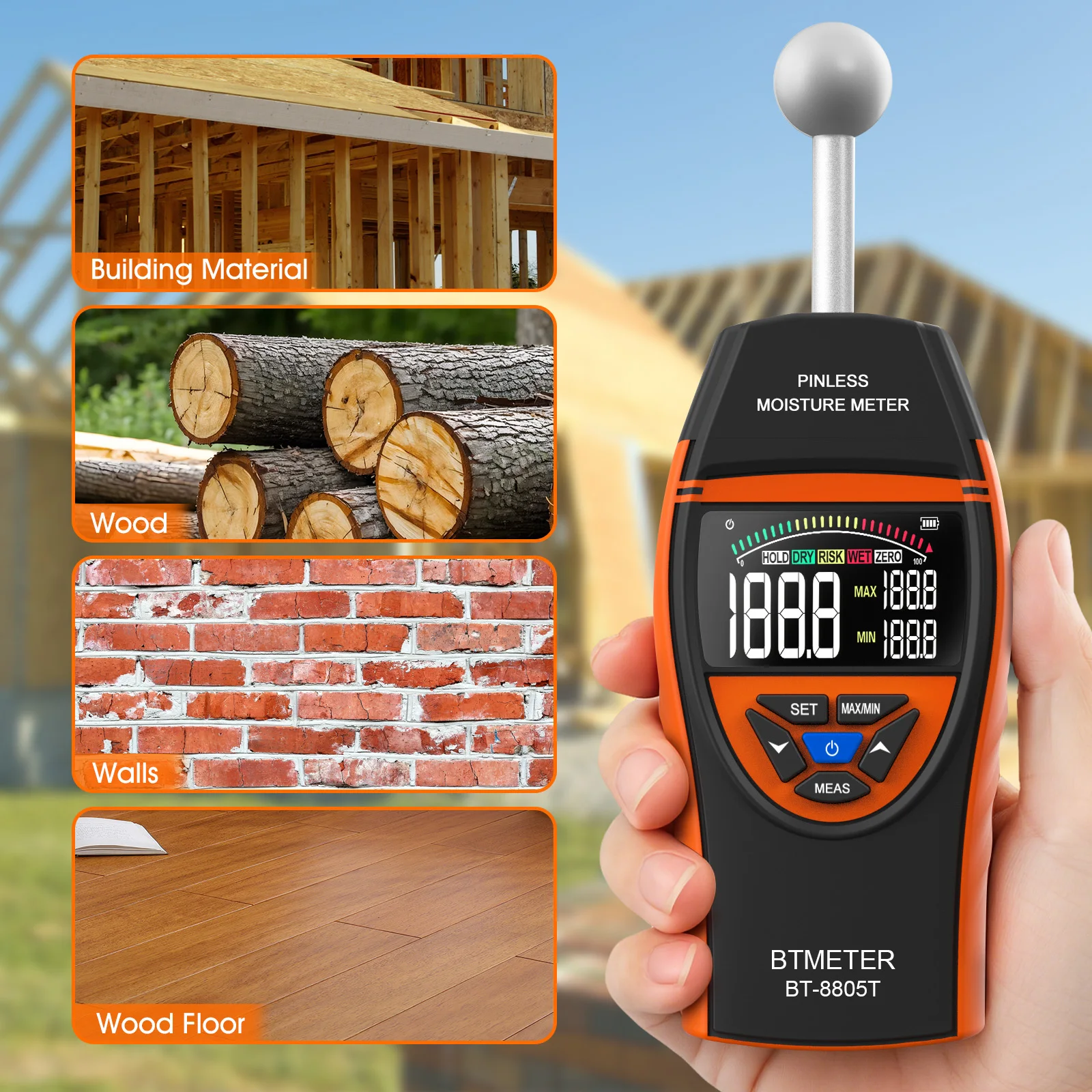 

Pinless Moisture Meter for Walls and Floors, Non-Invasive Ball Sensor, LCD Display, Adjustable Alarm, Basement Moisture Detector