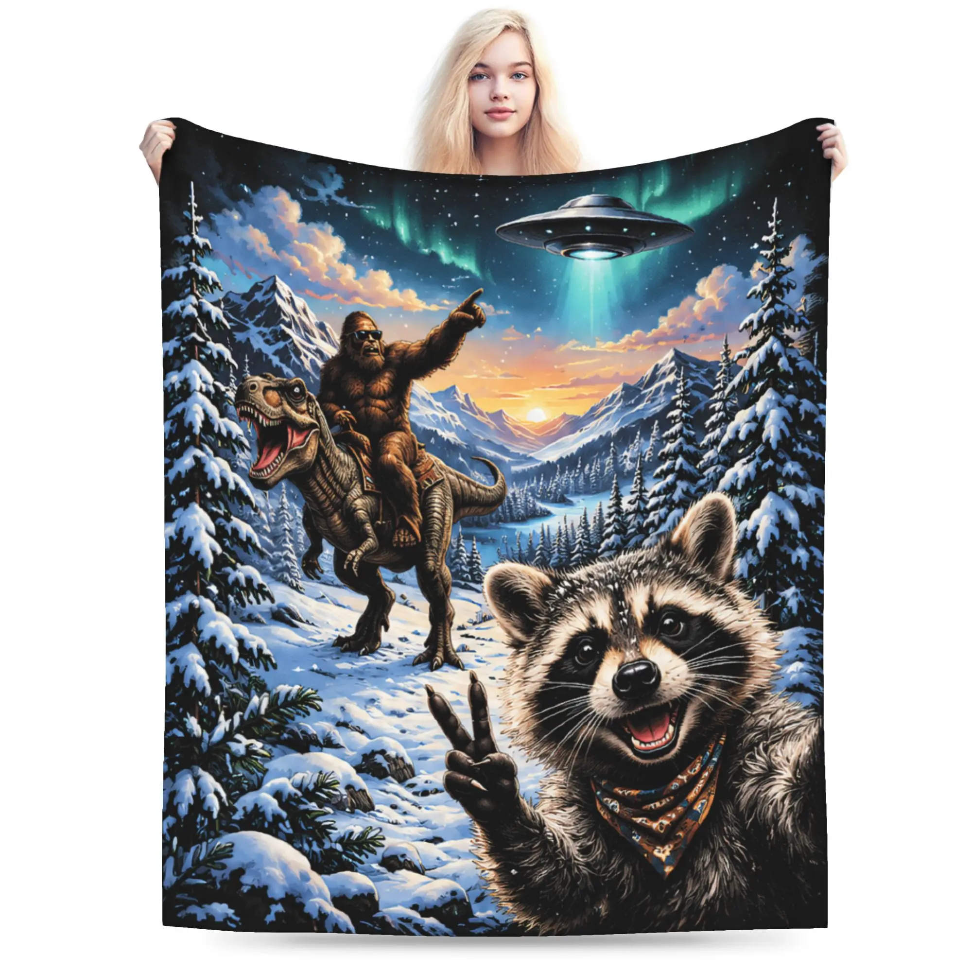 Funny Bigfoot Ride Dinosaur Raccoon Print Blanket For Men Women Super Soft Warm  Throw Blankets for Living Room Multiple Sizes