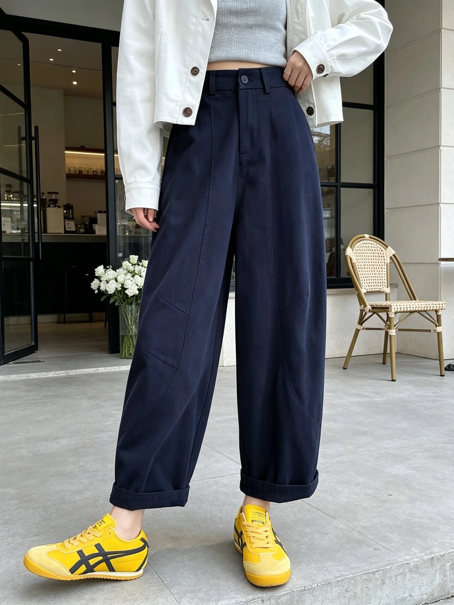 Washed Cotton High Waist Loose Wide Leg Pants Women's Autumn Casual Trousers Asymmetric Splicing Soft Comfortable Cotton