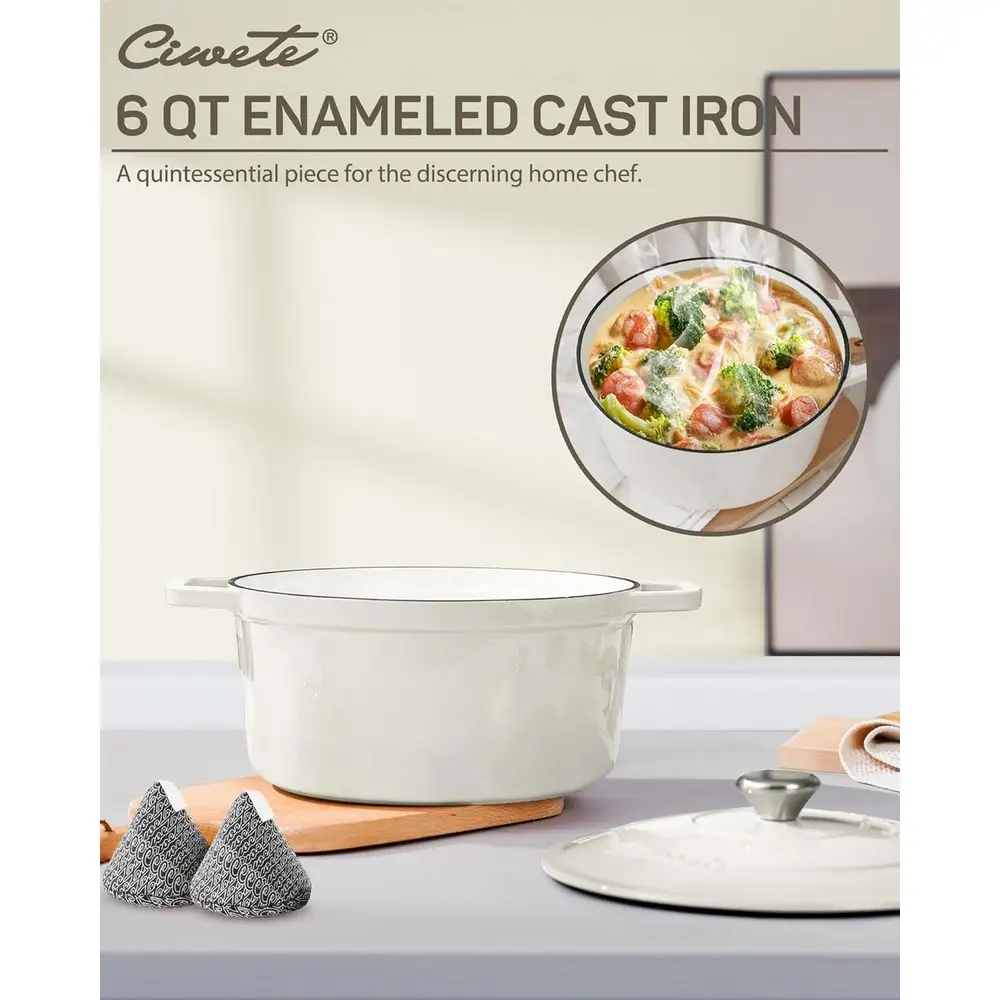 فرن هولندي من الحديد الزهر المطلي بالمينا، 6 كوارت، أبيض فاتح، آمن للفرن، مثالي لخبز الخبز والطهي، مع غطاء ومقابض مزدوجة
