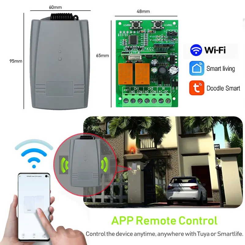 DC12-24V inalámbrico WiFi RF módulo de relé de Control remoto interruptor 2 canales receptor WIFI en casa inteligente