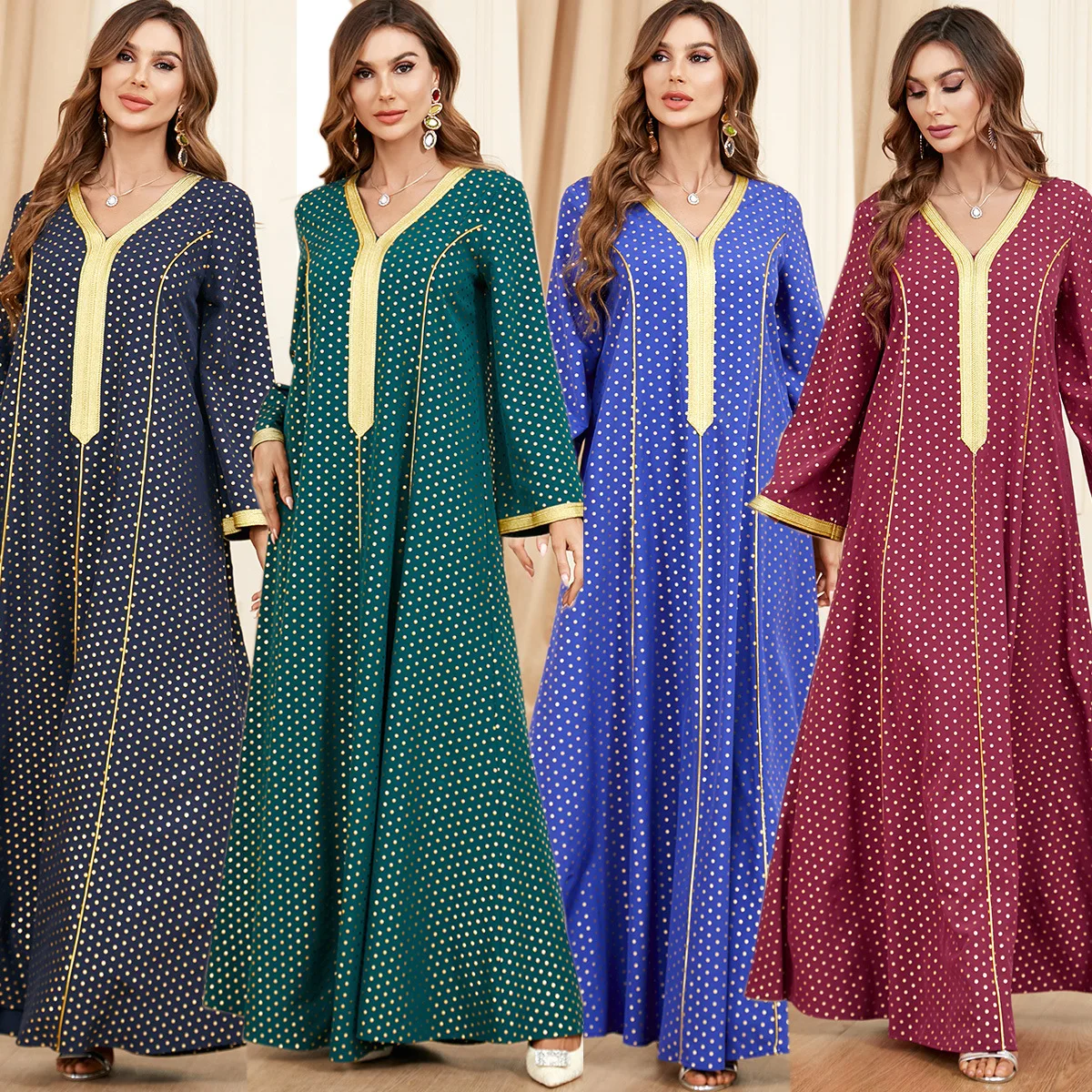 

2023 New Muslim Women Polka Dot Dress V Neck Long Sleeve Elegant Kaftans for Women Luxury Dubai Abayas Arabic Islamic Dresses