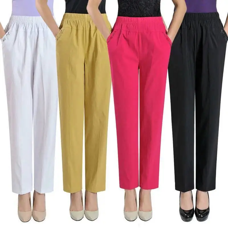 Middle Aged Women Casual Straight Pants Female Loose Elegant 2025 Spring Summer Elastic Waist Solid Color Cropped Trousers