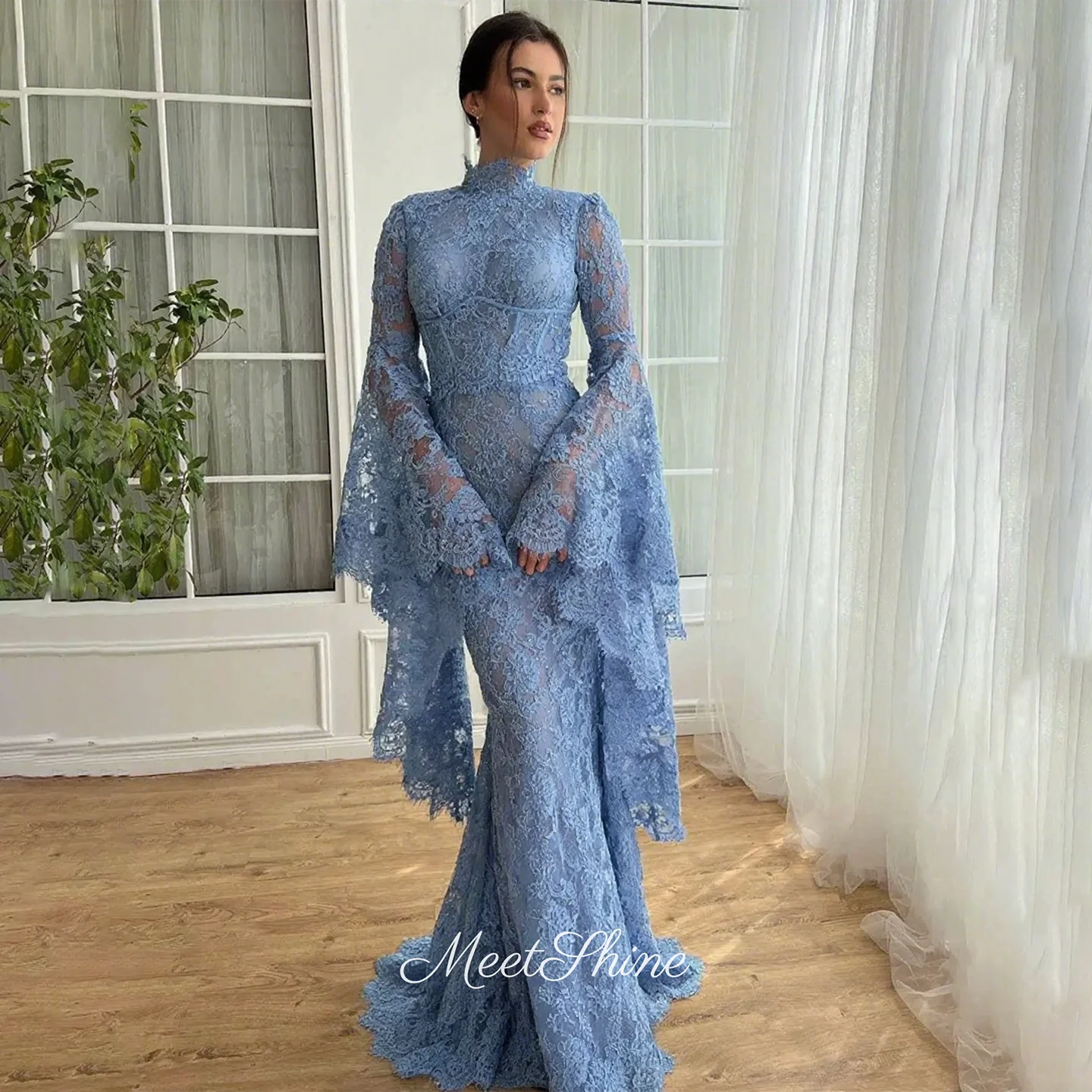 

Dubai Blue Mermaid Lace Evening Dress Elegant High Neck Flare Sleeve Saudi Arabia Princess Formal Wedding Prom Dress Customized