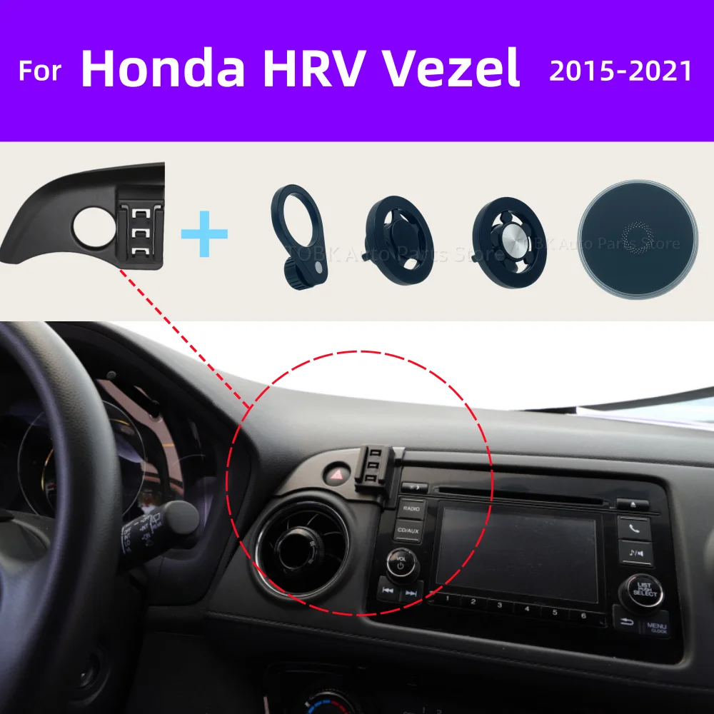Suporte magnético para telemóvel, compatível com Honda HRV Vezel RU1 RU5 2015-2021, com base de carregamento sem fios e sistema MagSafe, acessório par