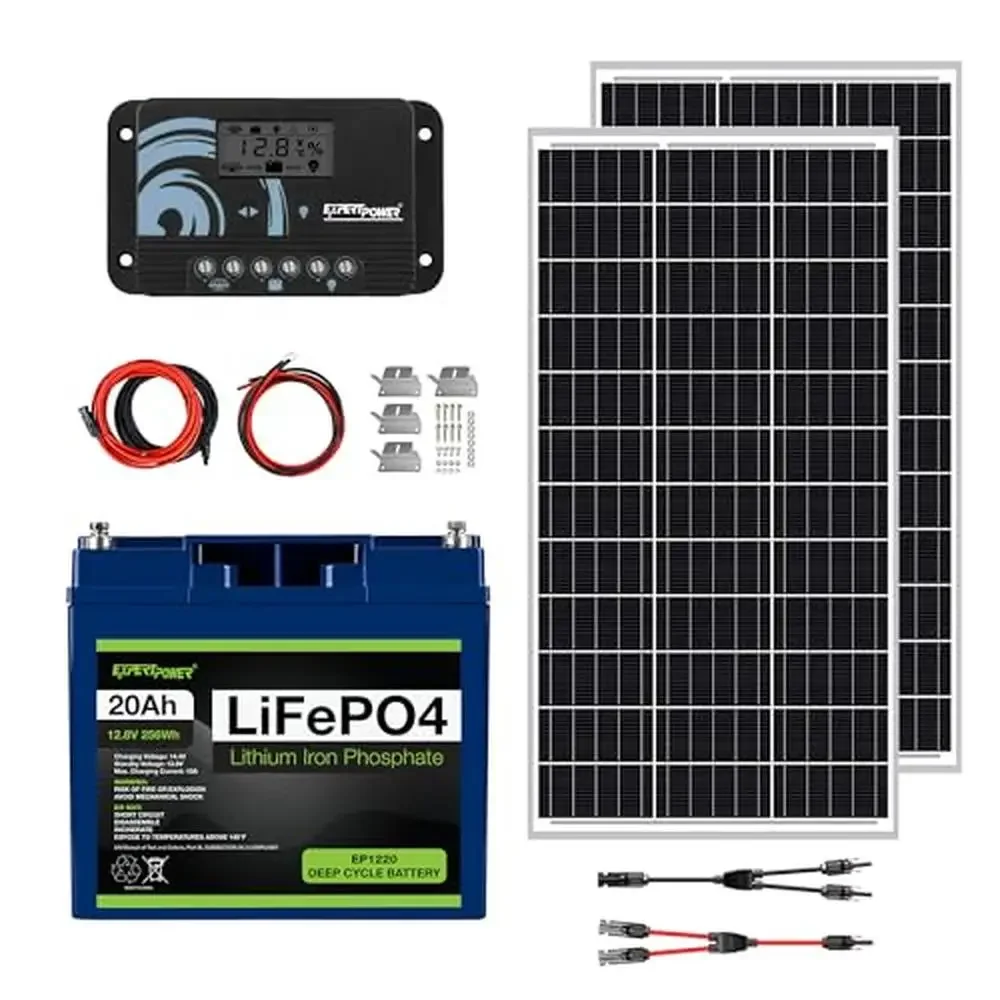 12V 200W Solar Power Kit with LiFePO4 Battery & PWM Charge Controller RV Trailer Kit